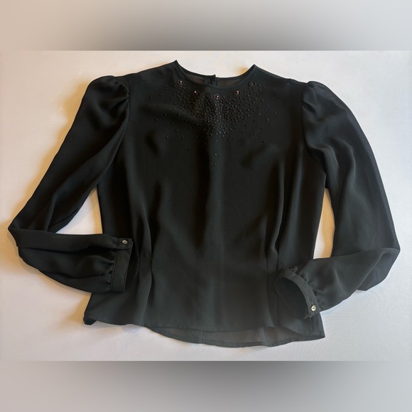 VINTAGE NEIMAN MARCUS Women’s Sheer‎ Black Long Sleeve Peplum Beaded Blouse Sz 4 - Picture 3 of 16